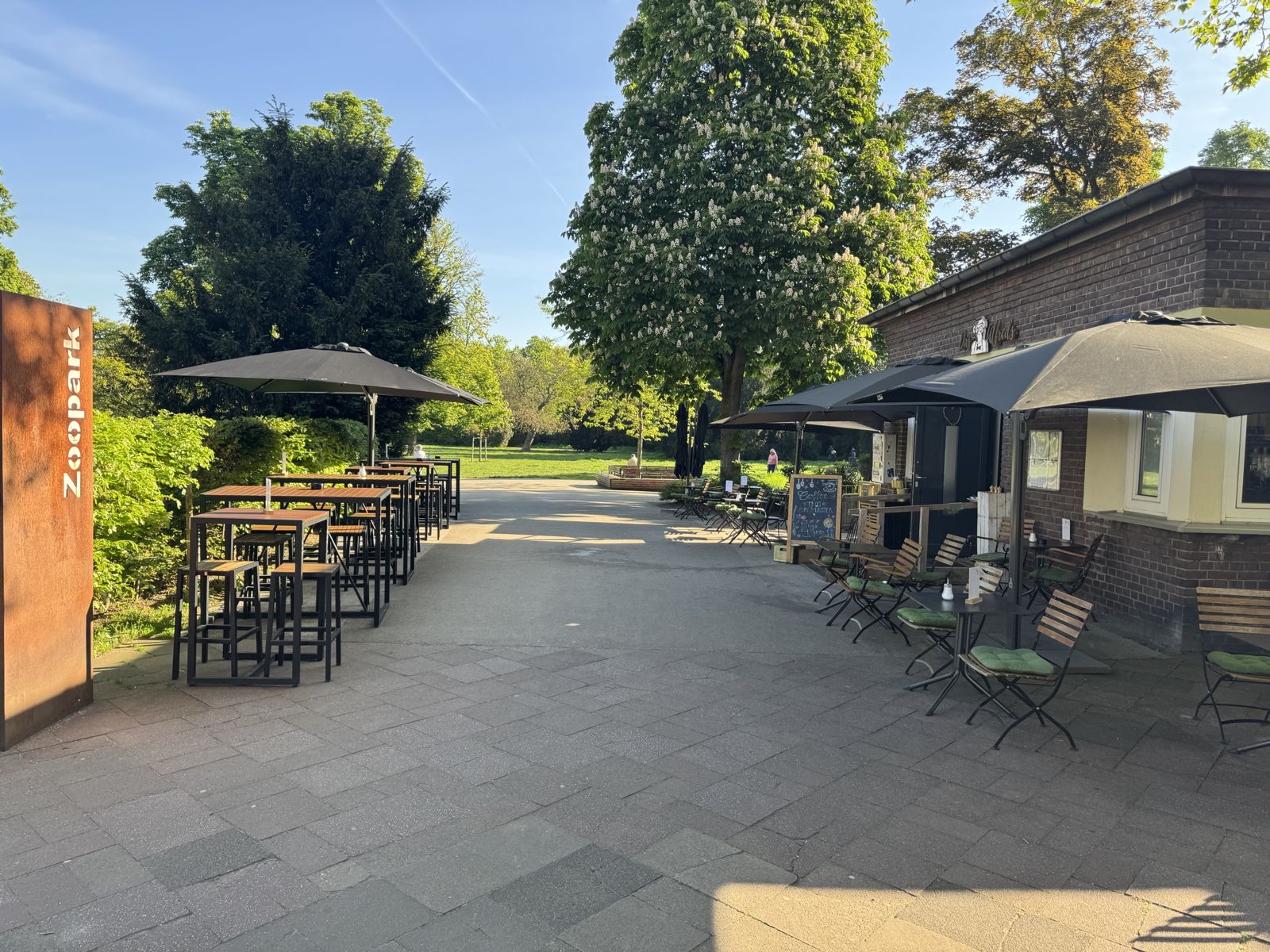Die Terrasse von Das Alfreds mit Stehtischen, Sonnenschirmen und dem Zoopark-Schild unter einer blühenden Kastanie